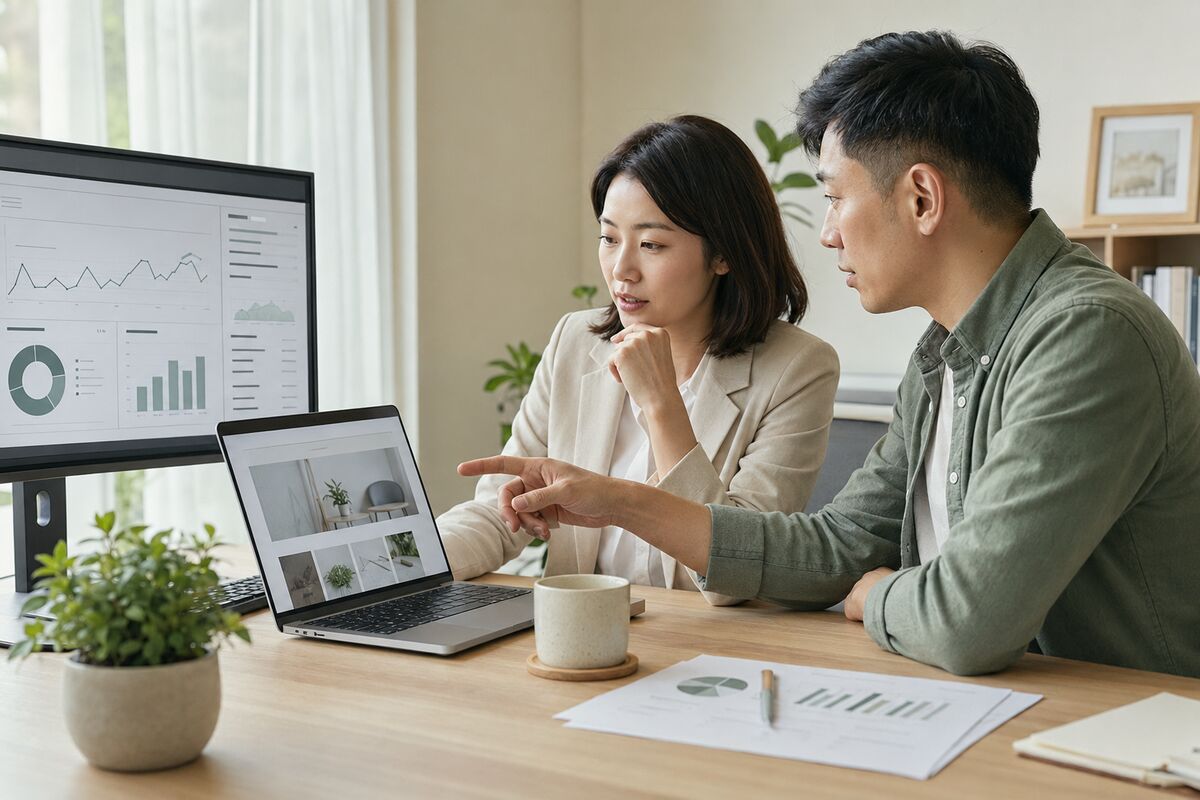 企業主與網站顧問檢視網站成效數據並討論改善方向
